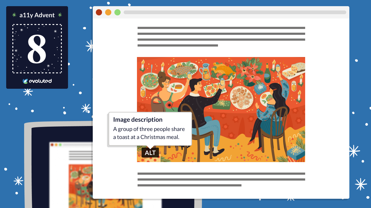 An example of a descriptive alt text attribute for an image with the alternative text overlaid. The image shows a group of three people sharing a toast at a Christmas meal.
