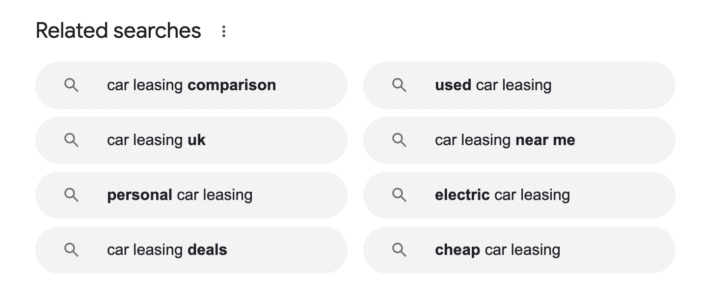 Screenshot showing related searches for a car leasing query, such as "car leasing comparison" and "car leasing near me".