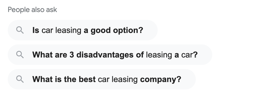 "People also ask" questions from a car leasing search engine results page. Questions include: "Is car leasing a good option?", "What are three disadvantages of leasing a car?" and "What is the best car leasing company?"