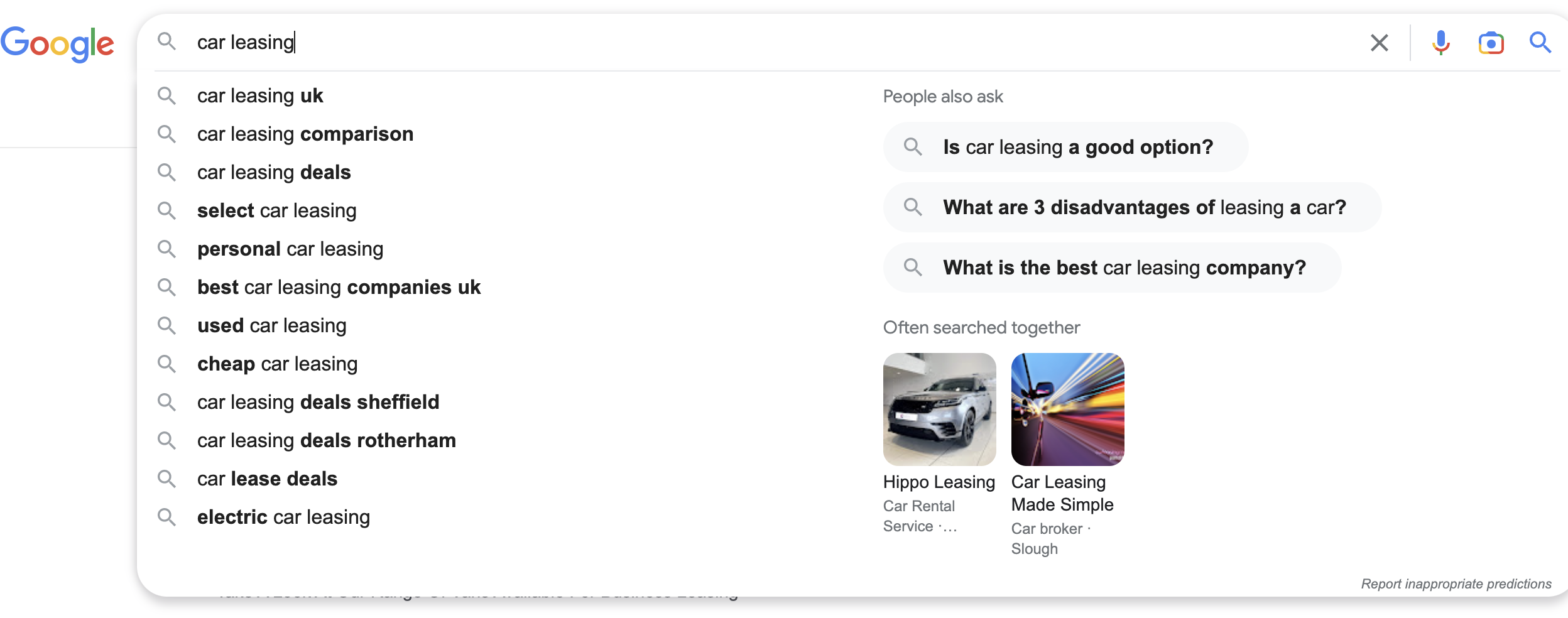 Screenshot of a car leasing search engine results page with two companies featured in the "Often searched together" panel.