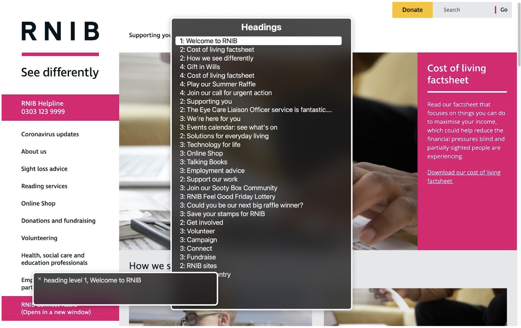 Screenshot of the RNIB homepage with the VoiceOver Rotor menu overlay displayed. A list of the page’s headings are listed with heading level 1 selected.