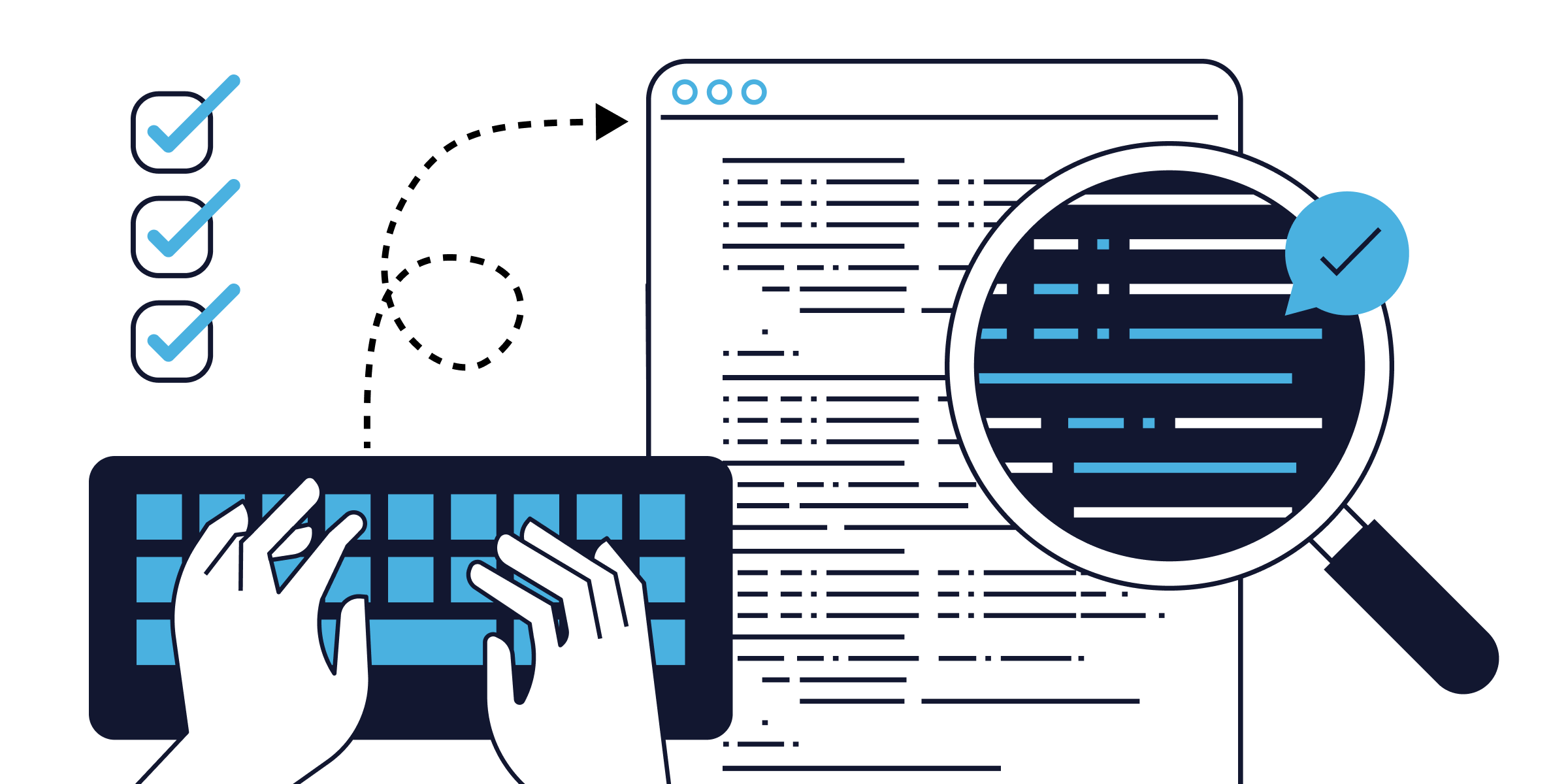 Illustration depicting someone typing on a keyboard with a magnifying glass examining a webpage with lines of code