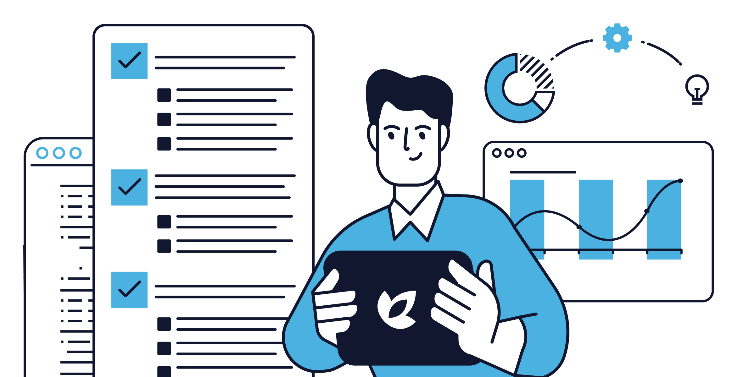 Illustration of a man holding an Evoluted branded laptop surrounding by illustrations of graphs, checklists and code